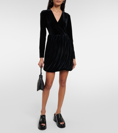 Shop Ganni Ruched Velvet Jersey Minidress In Black