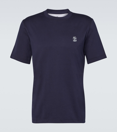 Shop Brunello Cucinelli Printed Cotton T-shirt In Blue