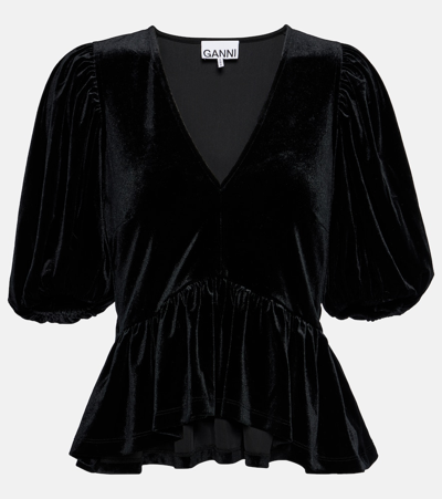 Shop Ganni Puff-sleeve Velvet Jersey Top In Black