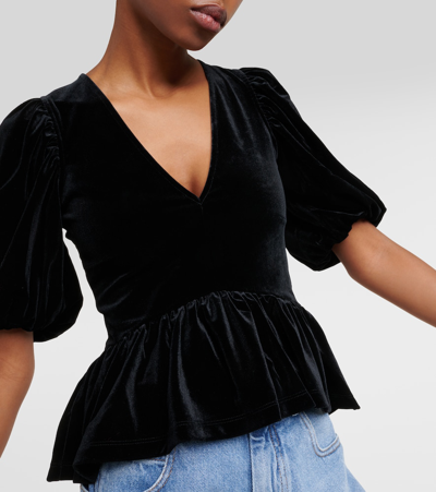 Shop Ganni Puff-sleeve Velvet Jersey Top In Black