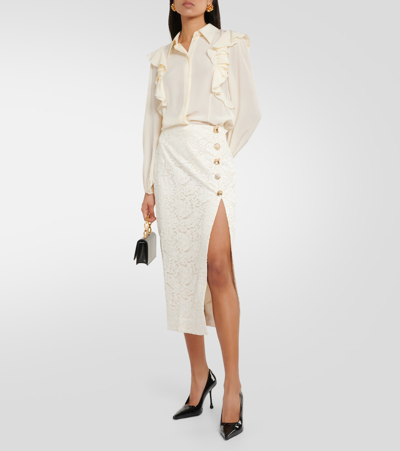 Shop Self-portrait Lace Midi Skirt In Neutrals