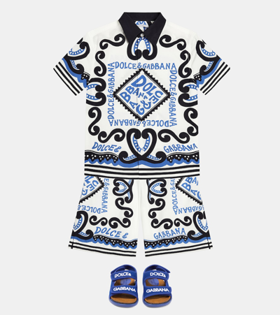 Dolce & Gabbana Boy's Bandana-print Drawstring Cotton Poplin Shorts In White
