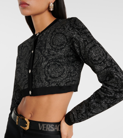 Versace Lurex Cropped Cardigan With Barocco Motif In Black
