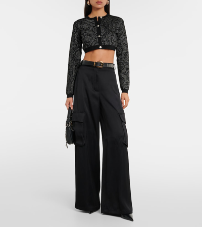 Versace Lurex Cropped Cardigan With Barocco Motif In Black