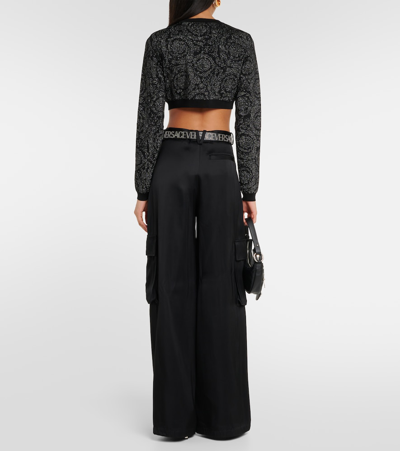 Versace Lurex Cropped Cardigan With Barocco Motif In Black