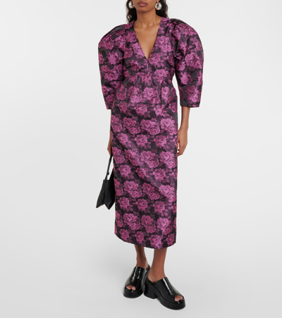Shop Ganni Floral Jacquard Midi Dress In Multicoloured