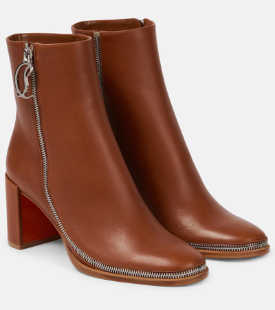 Shop Christian Louboutin Cl Zip Leather Ankle Boots In Brown