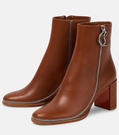 Christian Louboutin Leather Zipper Red Sole Ankle Boots In Brown