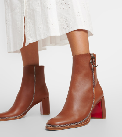 Christian Louboutin Leather Zipper Red Sole Ankle Boots In Brown