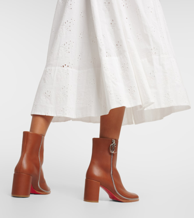 Christian Louboutin Leather Zipper Red Sole Ankle Boots In Brown