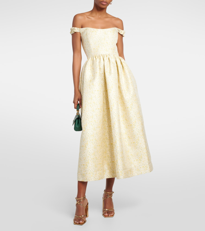 Shop Markarian Off-shoulder Embroidered Midi Dress In Yellow