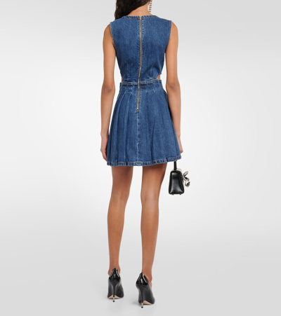 Shop Self-portrait Pleated Cutout Denim Minidress In Blue