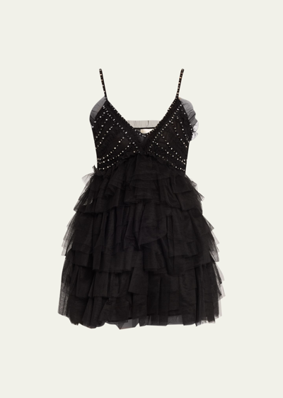 Shop Loveshackfancy Jude Embellished Tulle Tiered Mini Dress In Black