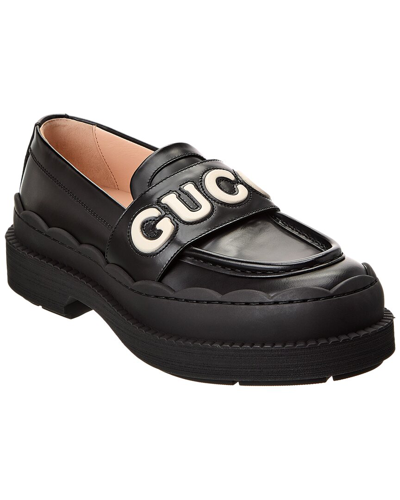 Shop Gucci Logo Leather Loafer In Black