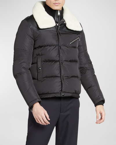 Shop Moncler Men's Leo Biker Jacket With Shearling Collar In Black