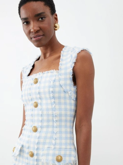 Shop Balmain Checked Tweed Mini Dress In Blue Multi