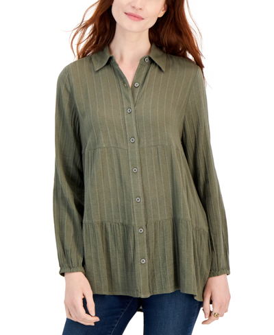 Shop Style & Co Petite Tiered Button-front Long-sleeve Shirt, Created For Macy's In Deep Black