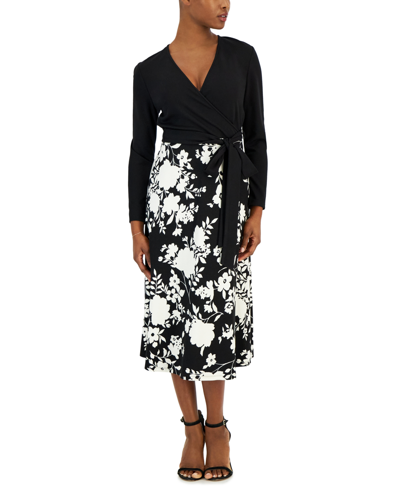 Shop Anne Klein Petite Printed Serenity Tie-waist Dress In Anne Black,atlantic Grey Multi