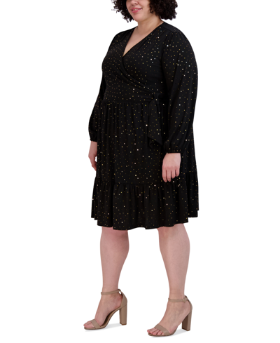 Shop Robbie Bee Plus Size Printed Faux-wrap Long-sleeve Dress In Black,gold