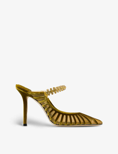 Shop Jimmy Choo Bing 100 Swarovski Crystal-embellished Velvet And Mesh Heeled Mules In Citrine