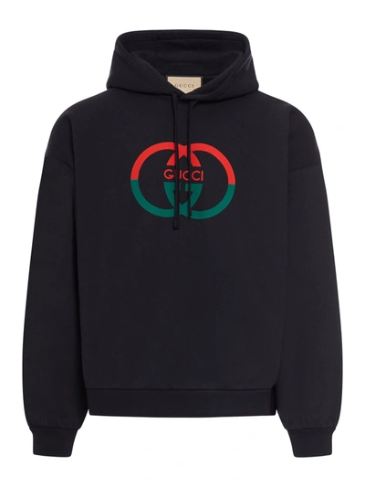 Shop Gucci Printed Cotton Jersey Hoodie In Black