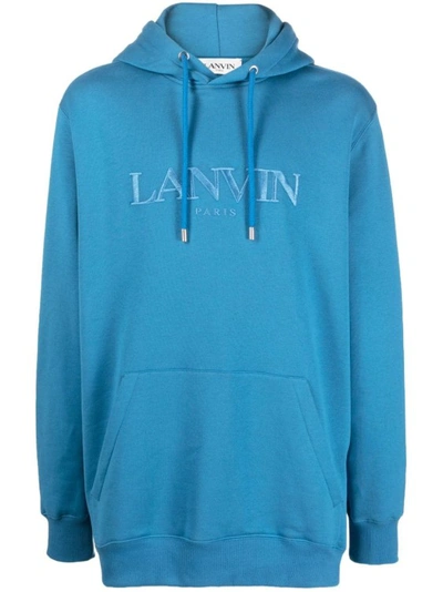 Shop Lanvin Fleece Hoodie With Embroidered Logo In Blue