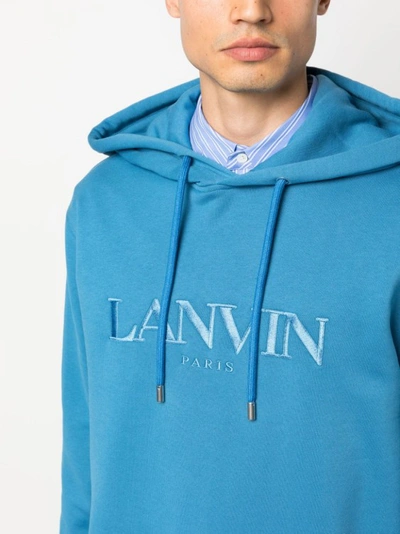 Shop Lanvin Fleece Hoodie With Embroidered Logo In Blue