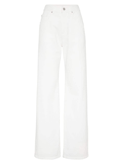 Shop Brunello Cucinelli Women's Stretch Dyed Denim Loose Five Pocket Jeans With Shiny Tab In White
