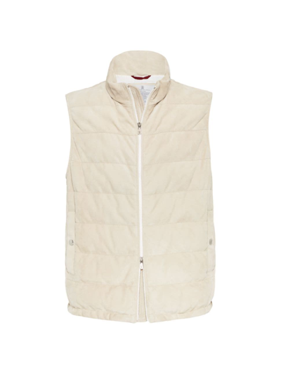 Shop Brunello Cucinelli Men's Suede Down Vest With Packable Hood In Beige