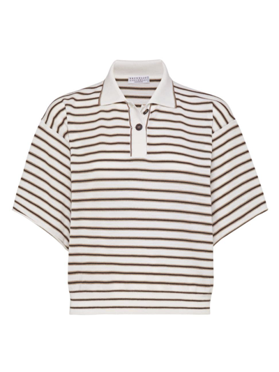 Shop Brunello Cucinelli Women's Sparkling Stripe Lightweight Knit Polo T-shirt In Virgin Wool And Cashmere In Off White