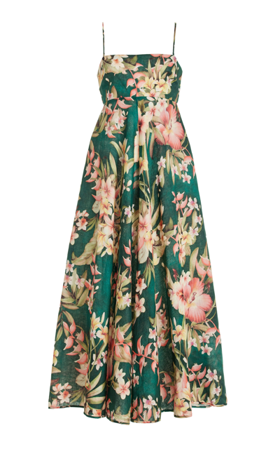 Shop Zimmermann Lexi Floral-printed Linen Midi Dress In Green