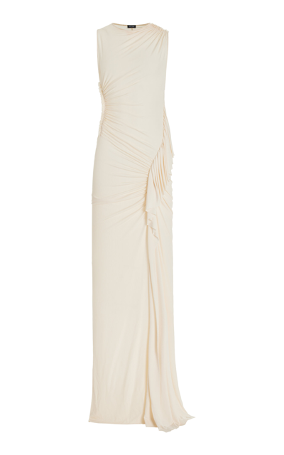 Shop Atlein Ruched Ribbed-jersey Gown In Off-white