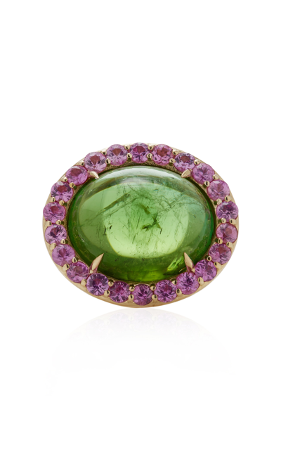 Shop M.spalten Dolly 14k Yellow Gold Tourmaline And Sapphire Ring In Green