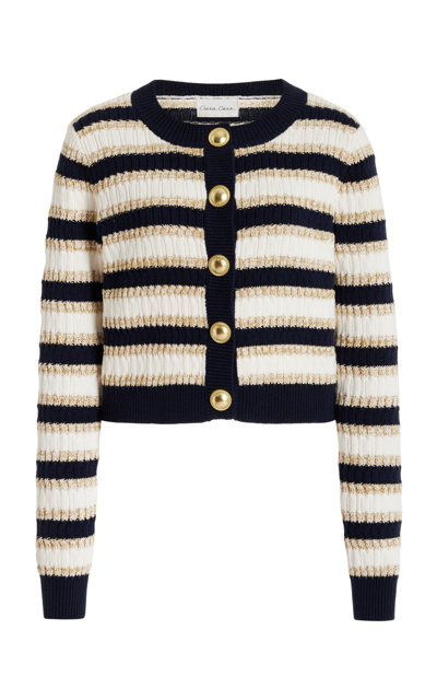 Shop Cara Cara Bettina Striped Metallic-cotton Knit Cardigan In Navy
