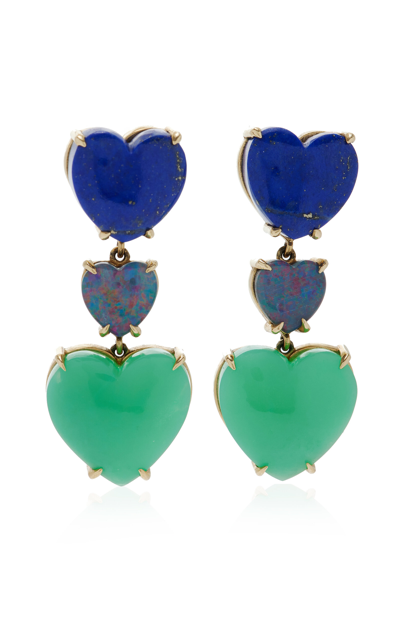 Shop M.spalten Triple Heart 14k Yellow Gold Multi-gem Earrings In Blue
