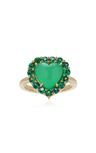 Shop M.spalten Dolly Heart 14k Yellow Gold Chrysoprase And Emerald Ring In Green