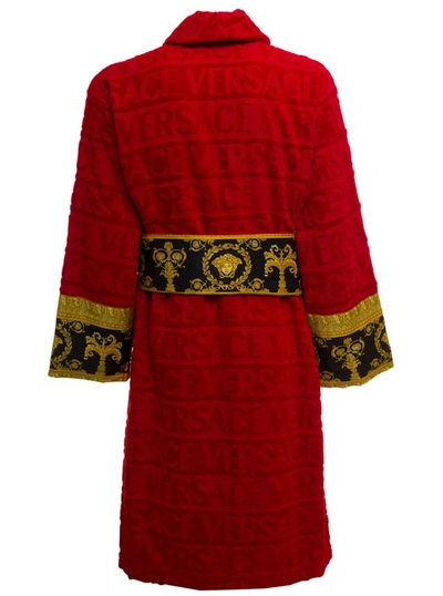 Shop Versace S Red Terry Cotton Bathrobe With Baroque Detail