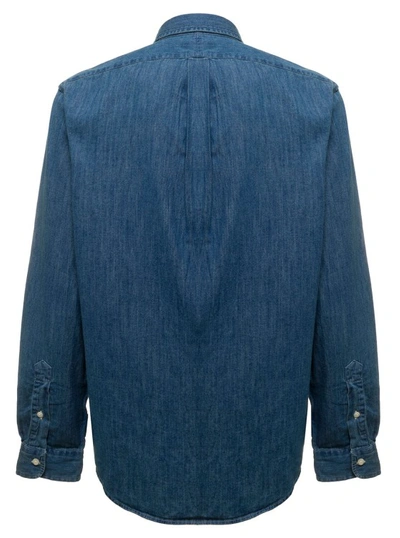 Shop Polo Ralph Lauren Blue Slim Shirt With Logo Embroidery In Cotton Denim