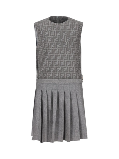 Shop Fendi Kids Logo Printed Flannel Dress In Grey