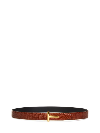 Shop Tom Ford Logo Plaque Embossed Buckle Belt In Brown