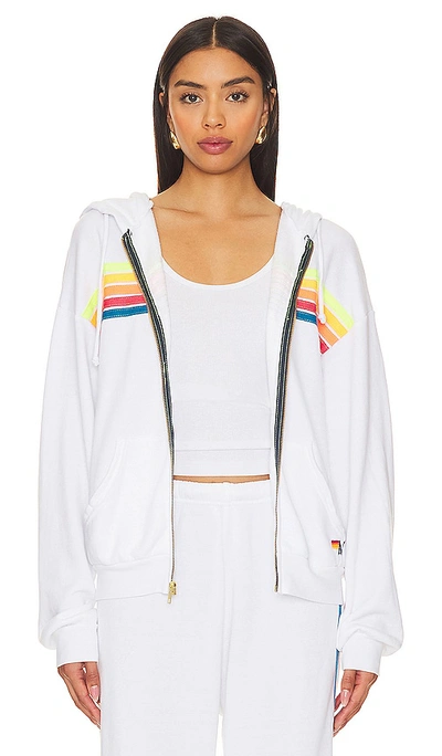 Shop Aviator Nation 5 Stripe Zip Relaxed Hoodie In White & Neon Rainbow