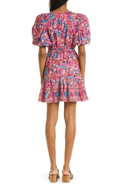 Farm Rio Birds Blush Floral Puff Sleeve Belted Cotton Blend Dress In ...