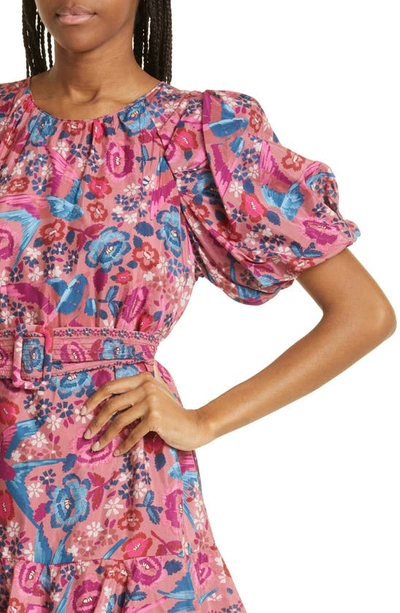 Farm Rio Birds Blush Floral Puff Sleeve Belted Cotton Blend Dress In ...