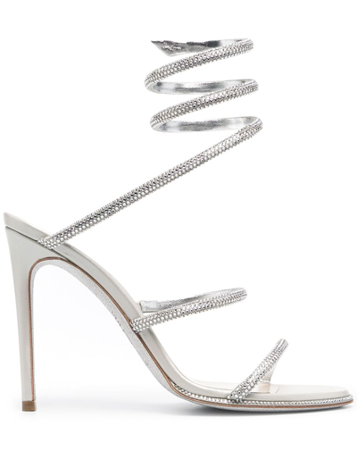 Shop René Caovilla Silver-tone Cleo Embellished Leather Sandals In Grey