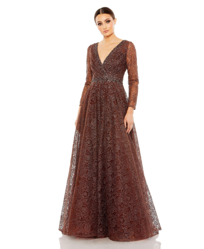 Shop Mac Duggal Women's Embellished Illusion Long Sleeve V Neck Gown In Chocolate