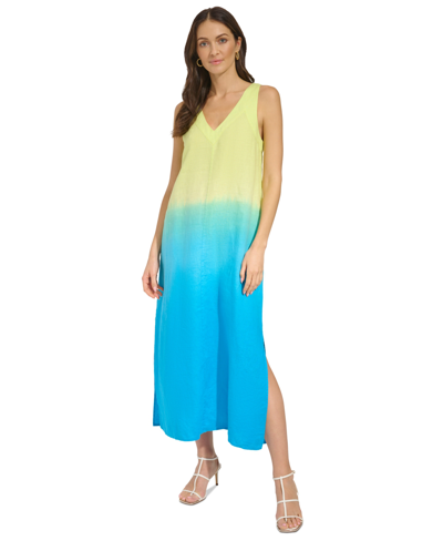 Shop Dkny Women's Linen Dip-dye Sleeveless Midi Dress In Limonata Multi