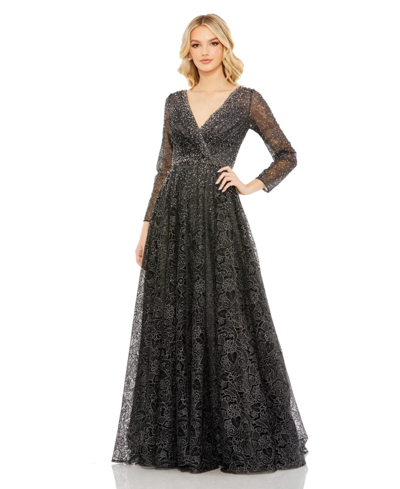 Shop Mac Duggal Women's Embellished Illusion Long Sleeve V Neck Gown In Grey