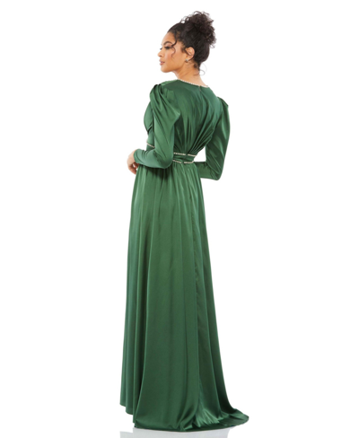 Shop Mac Duggal Women's Ieena Satin Puff Shoulder Rhinestone Encrusted Gown In Emerald Green