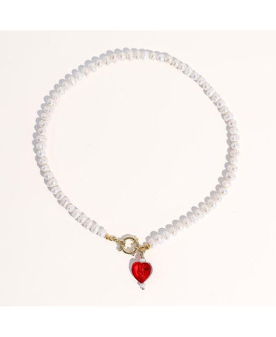 Shop Joey Baby Kokoro Freshwater Pearl Heart Necklace 16" For Women In Pearl And Red