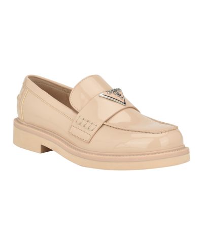 Shop Guess Women's Shatha Logo Hardware Slip-on Almond Toe Loafers In Light Natural- Faux Patent Leather